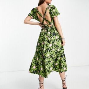 Topshop Green Floral Backless Midi Dress with Pink Accents